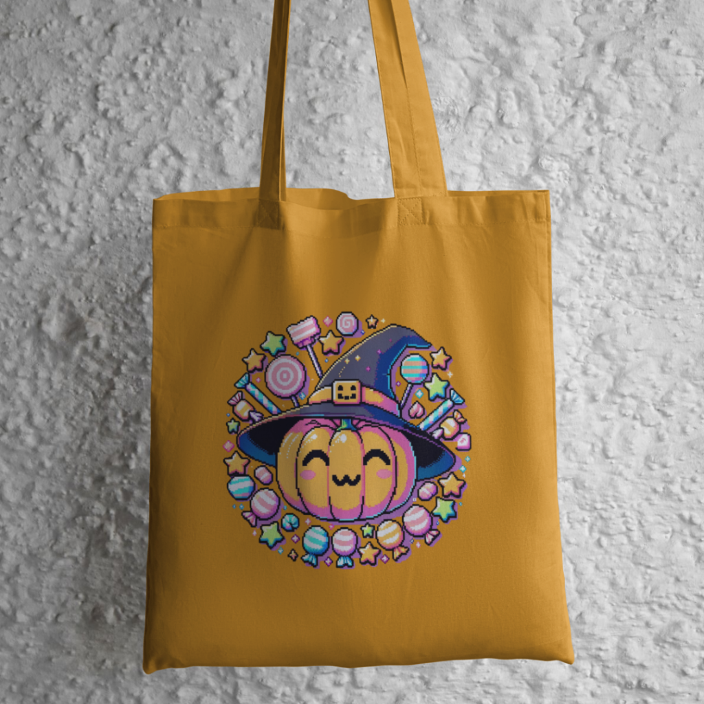 cute pixel pumpkin witch print on demand eco friendly halloween treats bag 2025